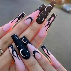 24 Night Sky Star Moon Long Press-On Manicure, Removable Fake Nail Patch